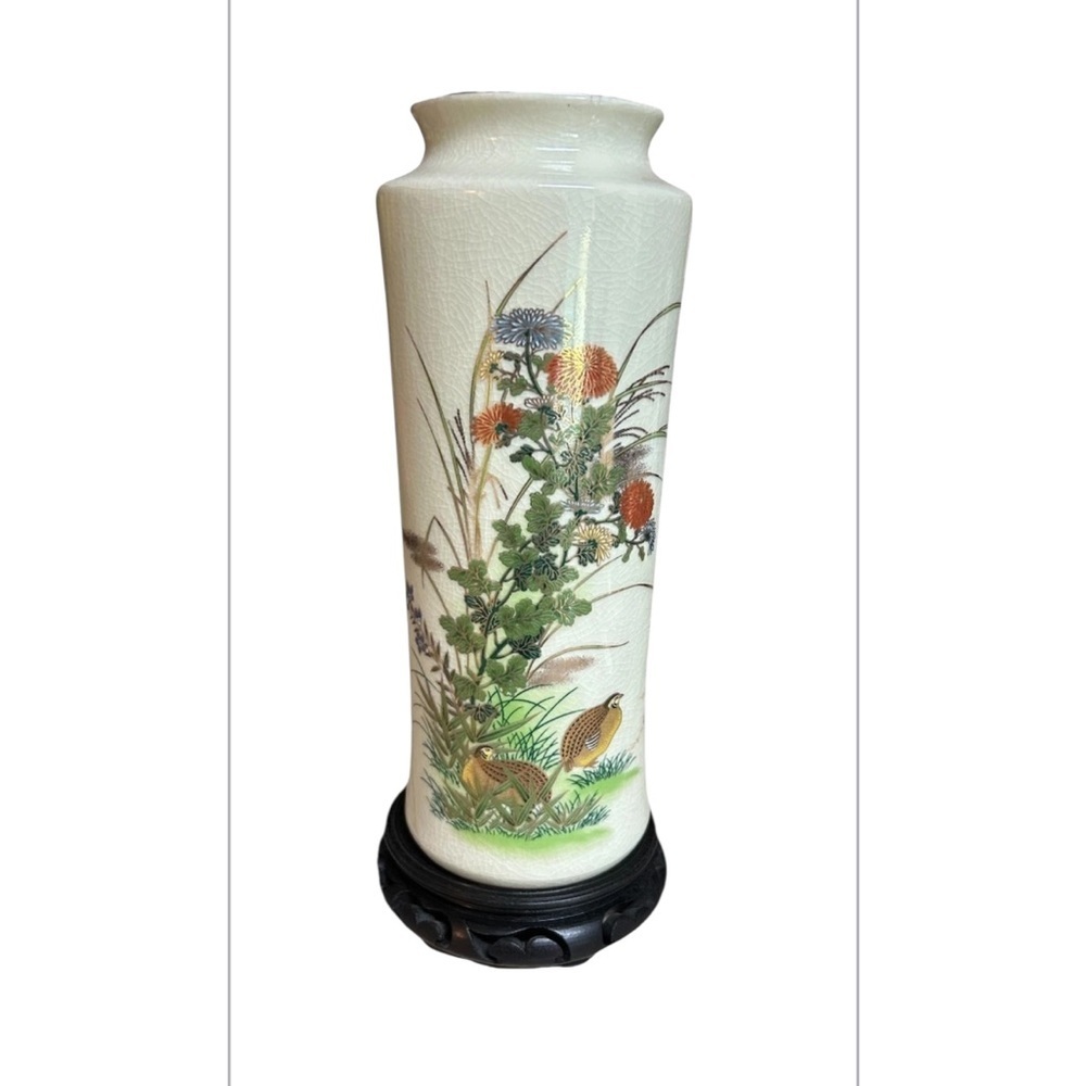 Vintage 0tagirii Japan Vase Wooden Stand 12” Tall Quail Birds Countryside